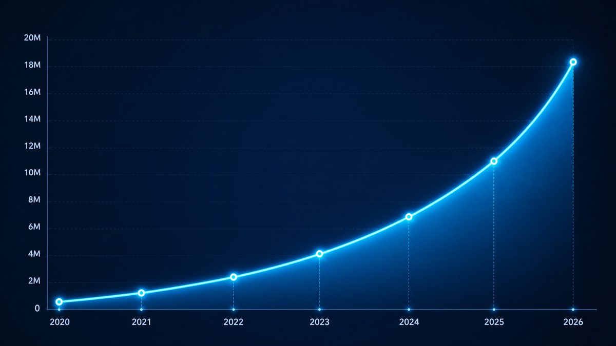 91短视频用户增长数据图表,展示2020-2026年注册用户从50万增长至1800万的趋势